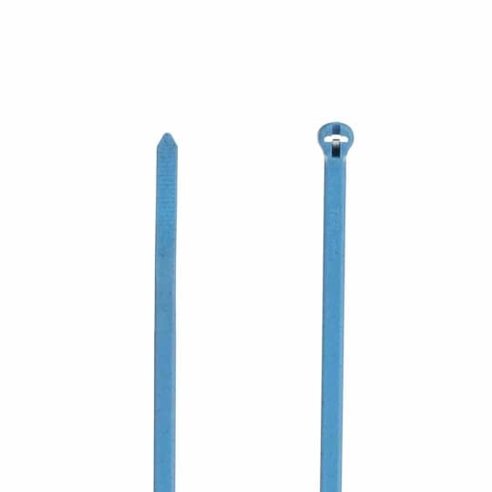 Detectable Cable Tie, Bright Blue Polyamide (Nylon 6.6) for Temperatures up to 85 Degrees Celsius (185 F) , Length of 186mm (7.31 Inches), Width of 4.70mm (0.19 Inch), Tensile Strength Rating of 222 Newtons (50 Pounds)