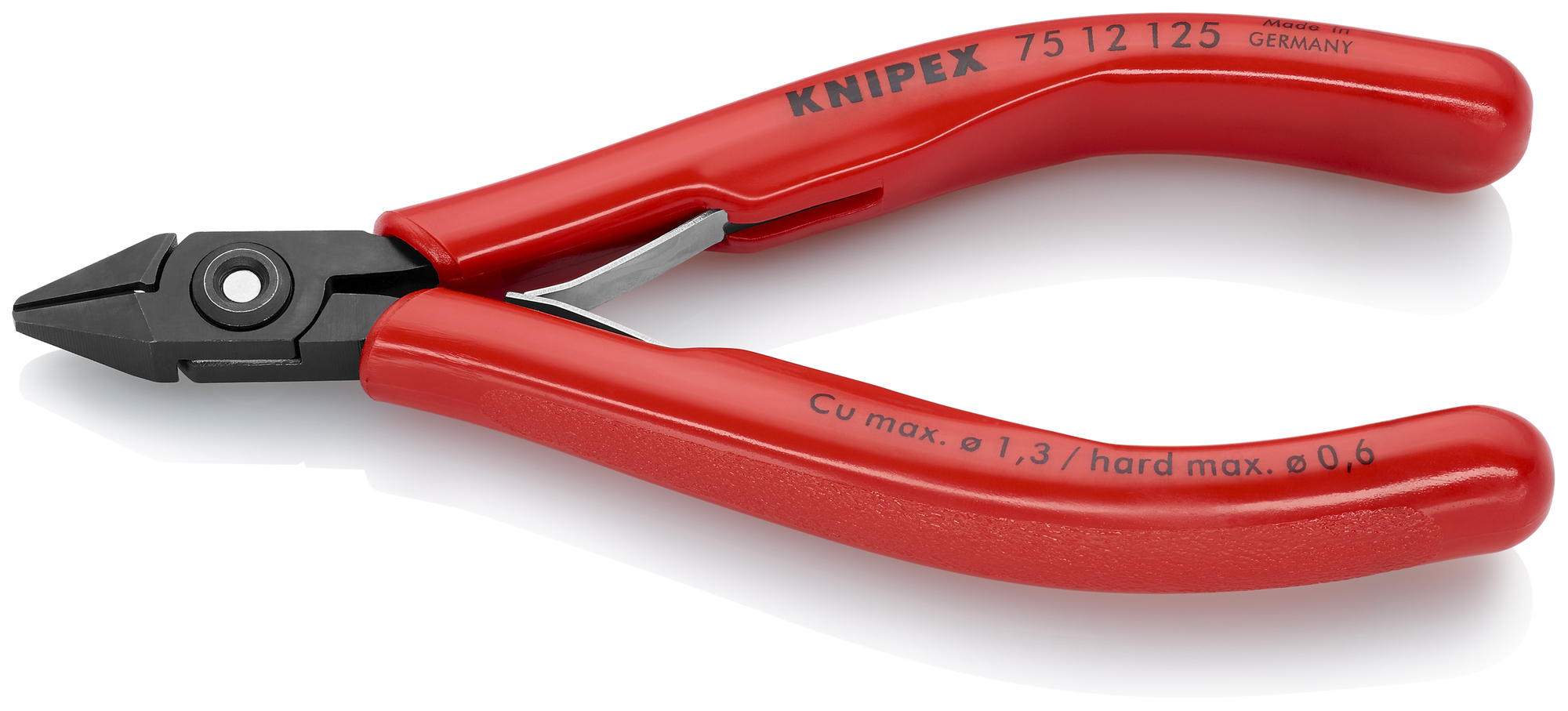 Electronics Diagonal Cutters, 5 in., Plastic, Black-oxide, Semi-flush with Bevel Cut, Tapered Head, Up to 1/64 in. Piano Wire, Lead Catcher