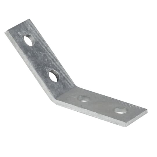 Angular Fitting. Open 45 Degree Angle. 4 Holes. 4-7/8 Inch side X 5-1/4 Inch side X 1-5/8 width. Zinc coating is applied by hot-dipping after fabrication. Is in conformance with ASTM A-123, Grade 65 specification standards. Minimum of 2.5 mill thickness.