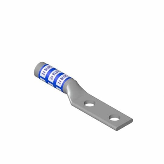Copper Two-Hole Lug, Long Barrel, Blind End, Max 35kV, Wire Size #1 AWG, 1/4 Inch Bolt Size, 5/8 Inch Hole Spacing, Tin Plated, Die Code 37, Die Color Code Green