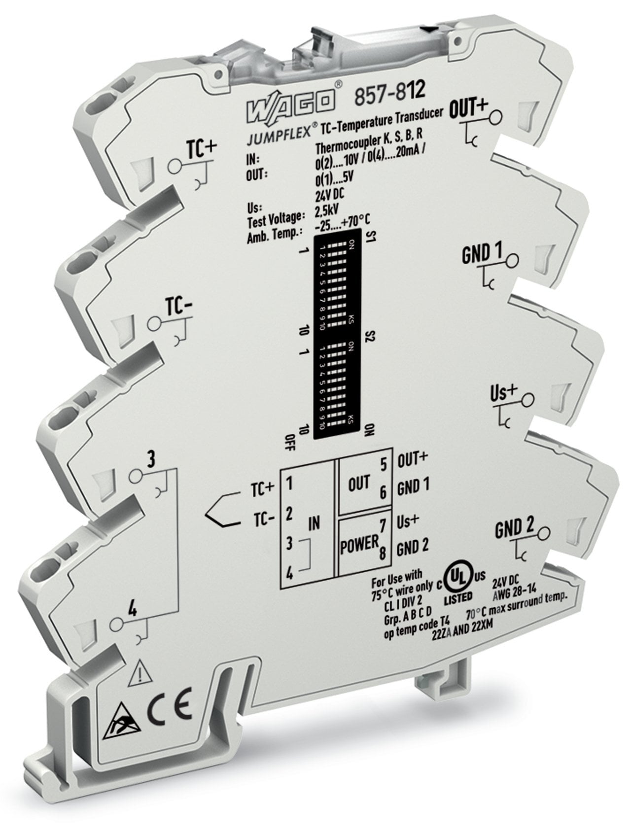 Temperature signal conditioner; for thermocouples; Current and voltage output signal; Configuration via DIP switch; Supply voltage: 24 VDC; 6 mm module width