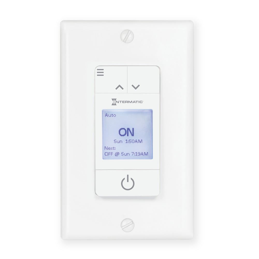 The Ascend Standard In-Wall Timer is a 7-Day Programmable Timer featuring a sleek, modern design. The timer can be configured in minutes using a large backlit LCD display and includes pre-programmed templates for easy use. The Ascend Standard features Astronomic dusk-to-dawn settings and automatic Daylight Saving Time adjustments. Neutral required.