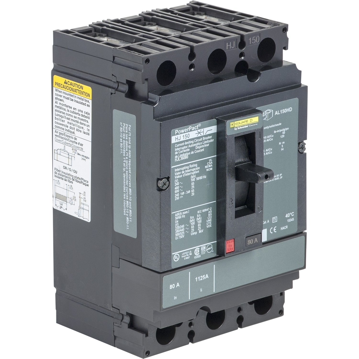Circuit breaker, PowerPacT H, 80A, 3 pole, 600VAC, 25kA, lugs, thermal magnetic, 100%