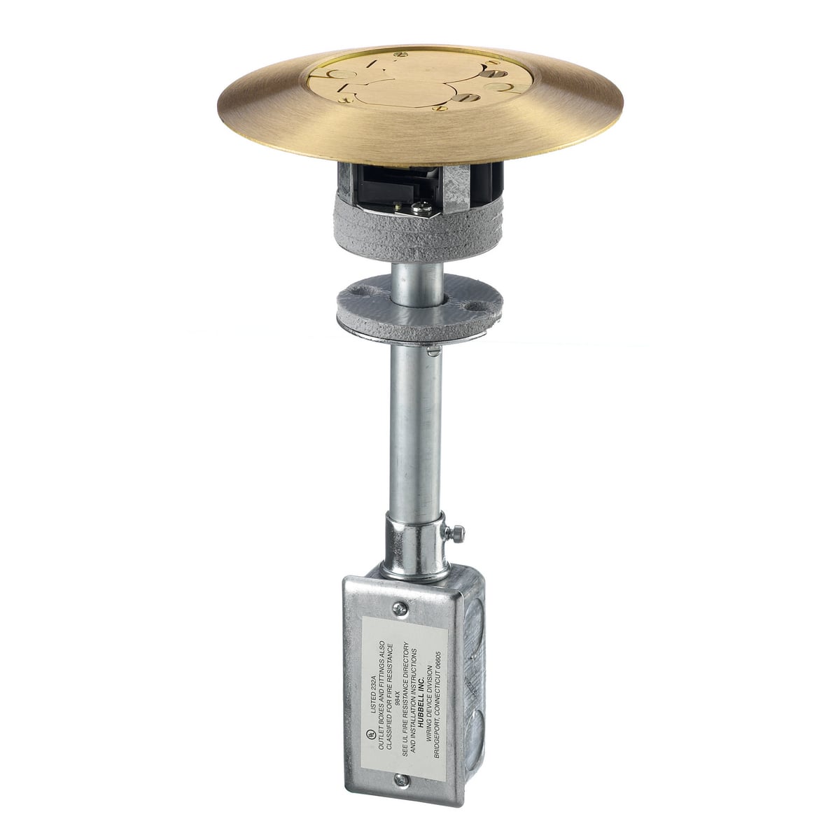 Hubbell Wiring Device Kellems, In-Floor Delivery Systems, Fire-RatedPoke-Throughs, Flush Duplex Series, Complete Unit With 20A Duplex,Telephone and Data, Brass