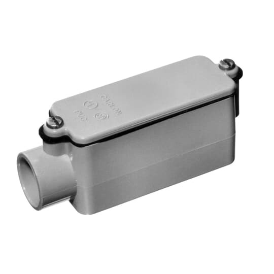Type E Conduit Body, Volume 12 Cubic Inches, Size 1 Inch, Length 6-11/32 Inches, Width 2-1/32 Inches, Material PVC, Color Gray, For use with Schedule 40 and 80 Conduit
