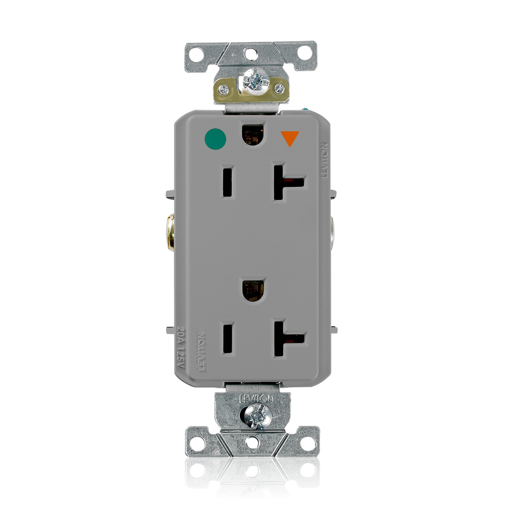 Decora Plus Isolated Ground Duplex Receptacle Outlet, Heavy-Duty Hospital Grade, Smooth Face, 20 Amp, 125 Volt, Back or Side Wire, NEMA 5-20R, 2-Pole, 3-Wire, Self-Grounding - Gray