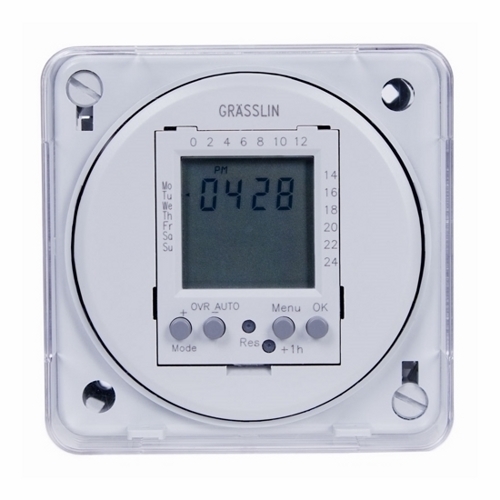 The Electronic 24-Hour/7-Day Timer Module, Flush Mount, 16A, 24V, 50/60Hz This One-Circuit Electronic Time Switches are compact 24-Hour/7-Day modules with heavy-duty relay contacts for switching low or line voltage loads. The timers  are suitable for time-of-day control of pumps, fans, heaters, HVAC control circuits, requipment
