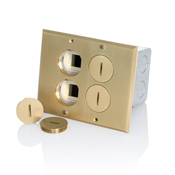 Floor Box Assembly, 2-gang, Includes Brass Floor Plate, Gasket (1),  Screw  Caps (4),  O - Ring (4), Electrical Box W/ Low-voltage Divider (1), Ivory Tamper Resistant Duplex  Receptacle (1 - TBR20-I), And Low-voltage Adapter Plate (1). 20A-125V