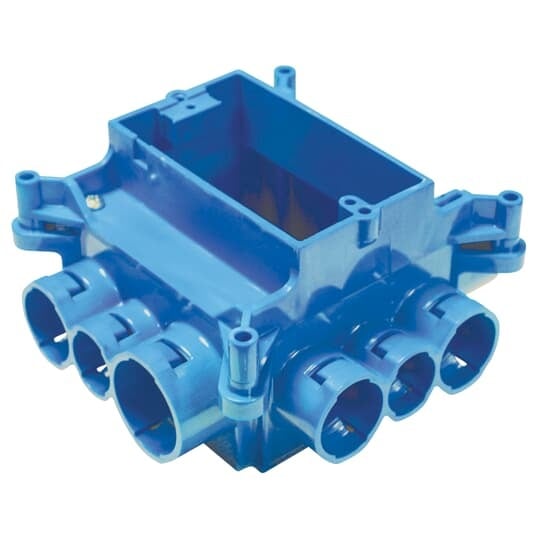 Non-metallic mud box with single gang ring and 12 integral connectors.  37.3 Cubic Inch Capacity.