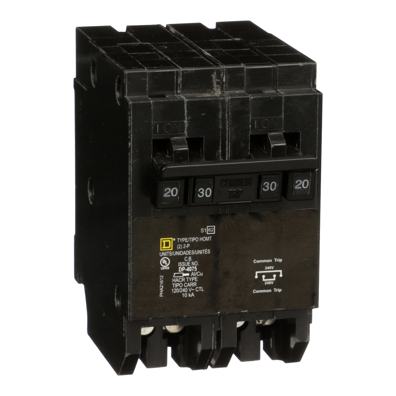 HOMT220230 Homeline Quad tandem circuit breaker, Homeline, 1 x 2 pole at 20A, 1 x 2 pole at 30A, 120/240 V, 10kA AIR, plug in, UL