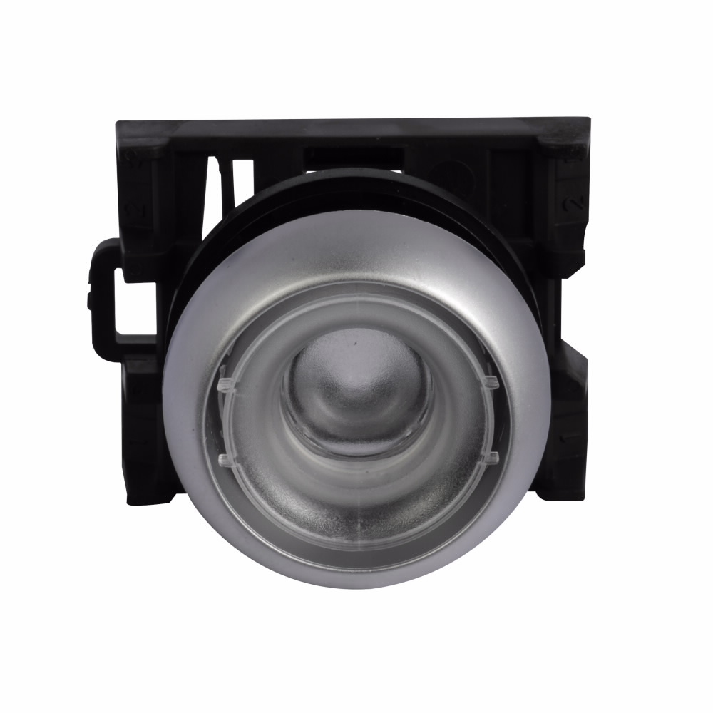 Eaton M22 modular pushbutton, 22.5 mm, Flush, Momentary, Illuminated, Bezel: Silver, Button: Buttonless, IP67, IP69K, NEMA 4x, 13, 5,000,000 Million mechanical operations