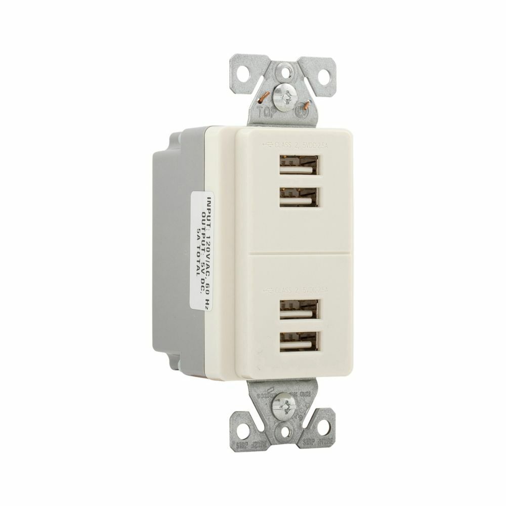 Eaton USB multiport charging station, Corrosion resistant, 5A, Flush mount, 5V, Wire leads, Light almond, Two-pole, three-wire, grounding, Decorator, Thermoplastic