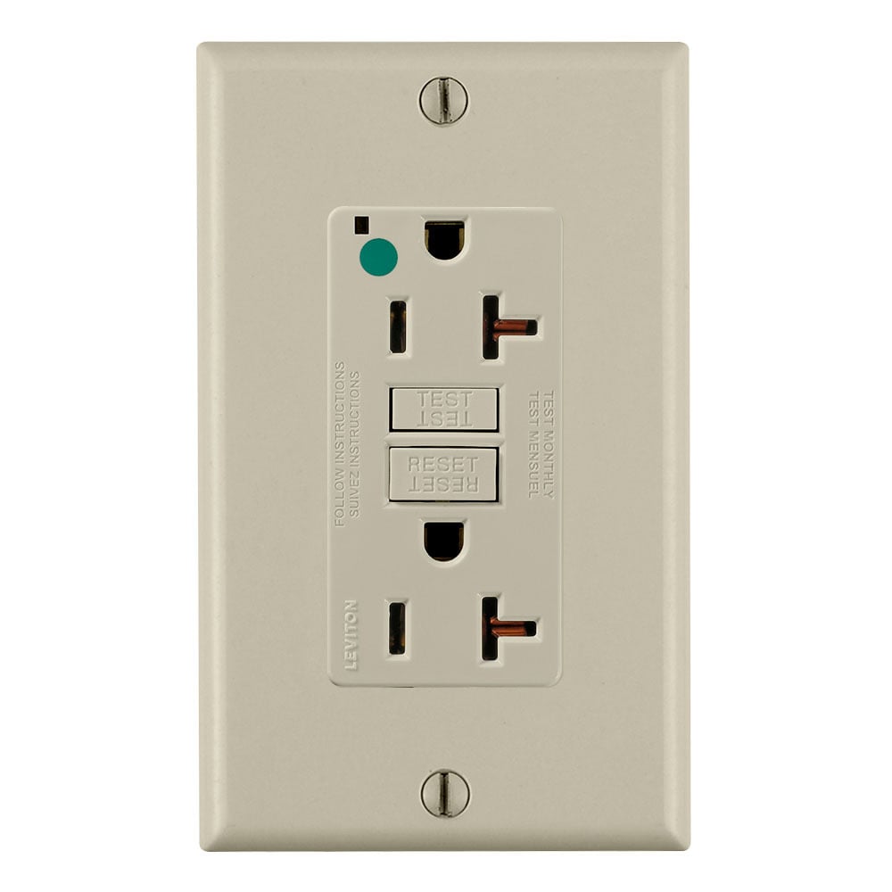20 Amp, 125 Volt, SmartlockPro Slim Self-Test GFCI Receptacle, Extra-Heavy Duty Hospital Grade, NEMA 5-20R, 20A Feed-Through, 2P, 3W, Matching Wallplate Included - IVORY