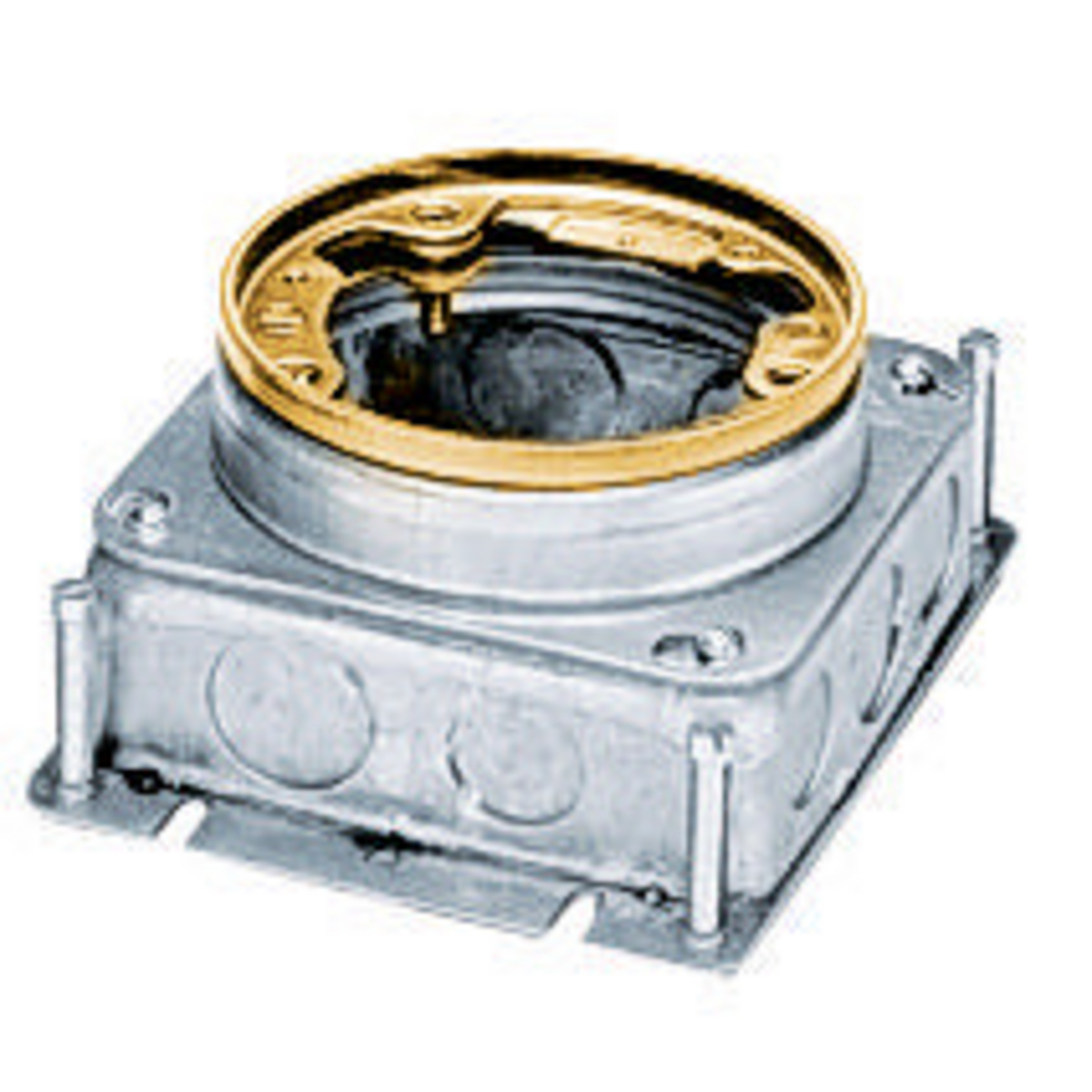 Flush Concrete Floor Box Series, 1-Gang, Round, Galvanized Stamped Steel Box, Deep, Fully Adjustable, Single Service, Brass Top