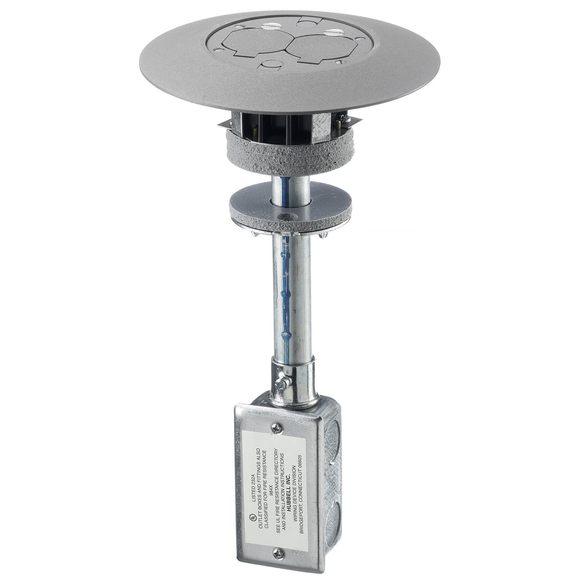 In-Floor Delivery Systems, Fire-Rated Poke-Throughs, Flush Duplex Series, Complete Unit With 20A Duplex, (2) 1/2" Diameter Holes for Low Voltage Wiring, Gray