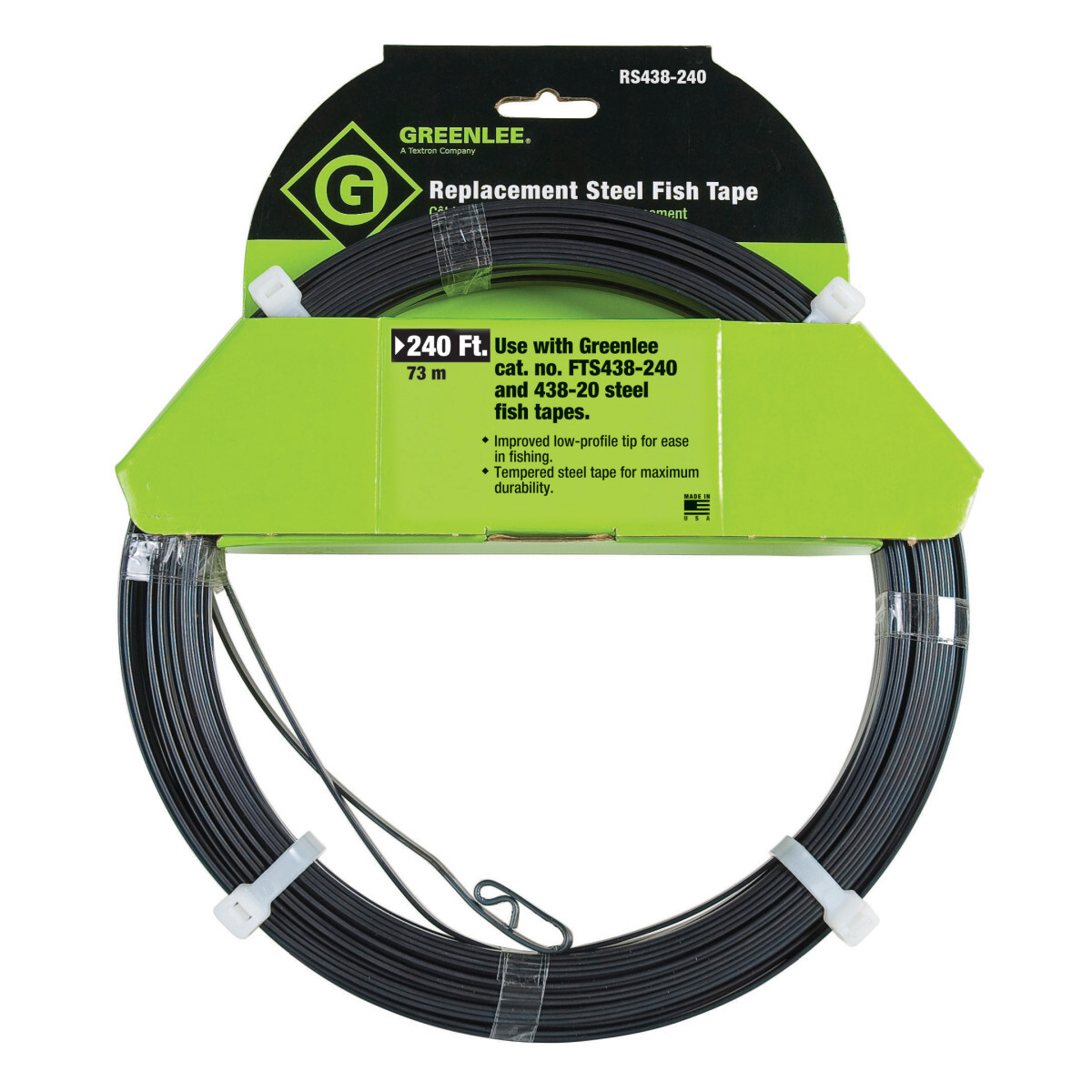 MagnumPRO Oil-Tempered Spring Steel Replacement Fish Tape 240'  x 1/8" (73.2m x 3.2mm) without Case.  Oil-tempered spring steel for excellent fishing performance.  Improved low profile tip for easy fishing through all sizes of conduit.