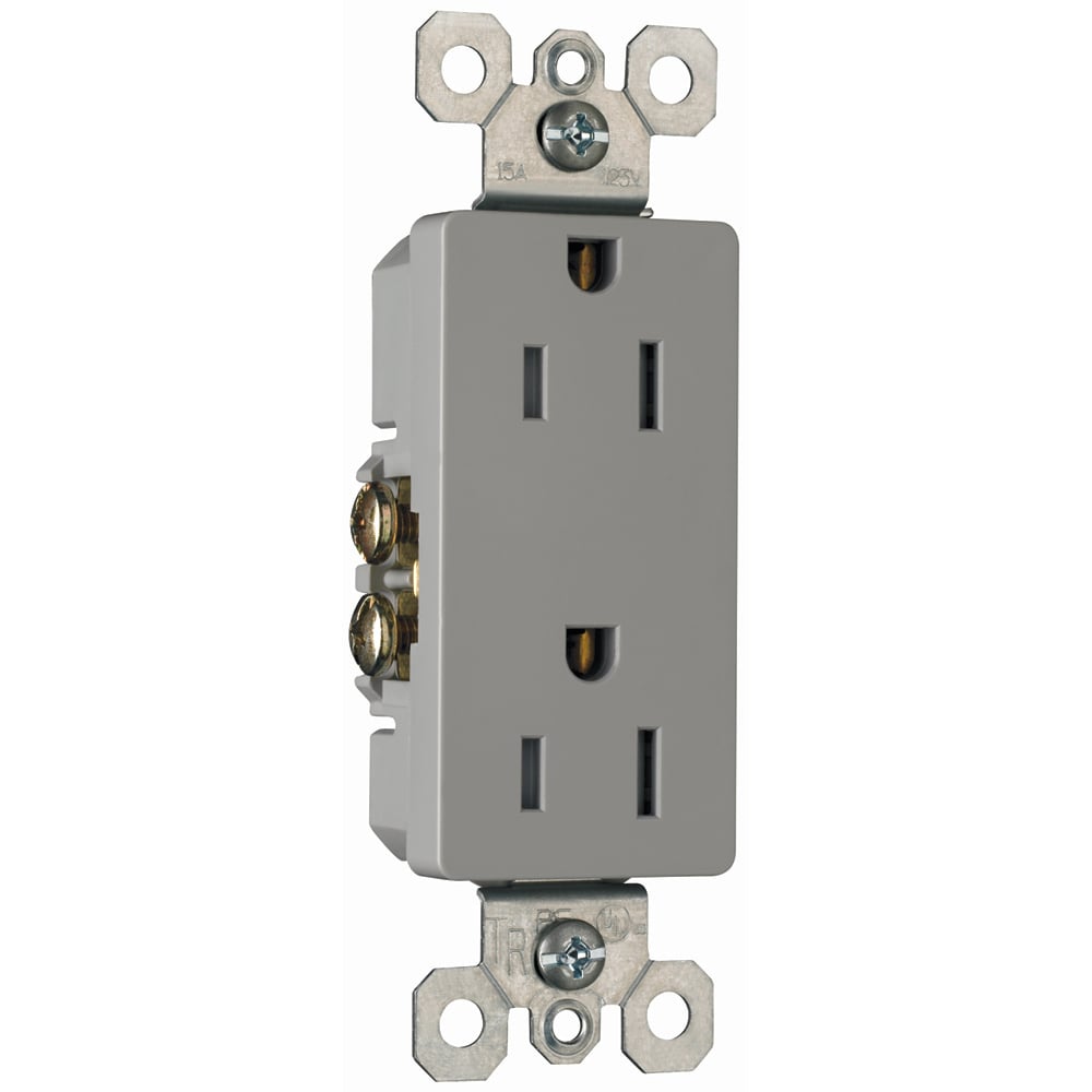 Decorator tamper-resistant receptacle. 15 amp, 125 volt, Gray.