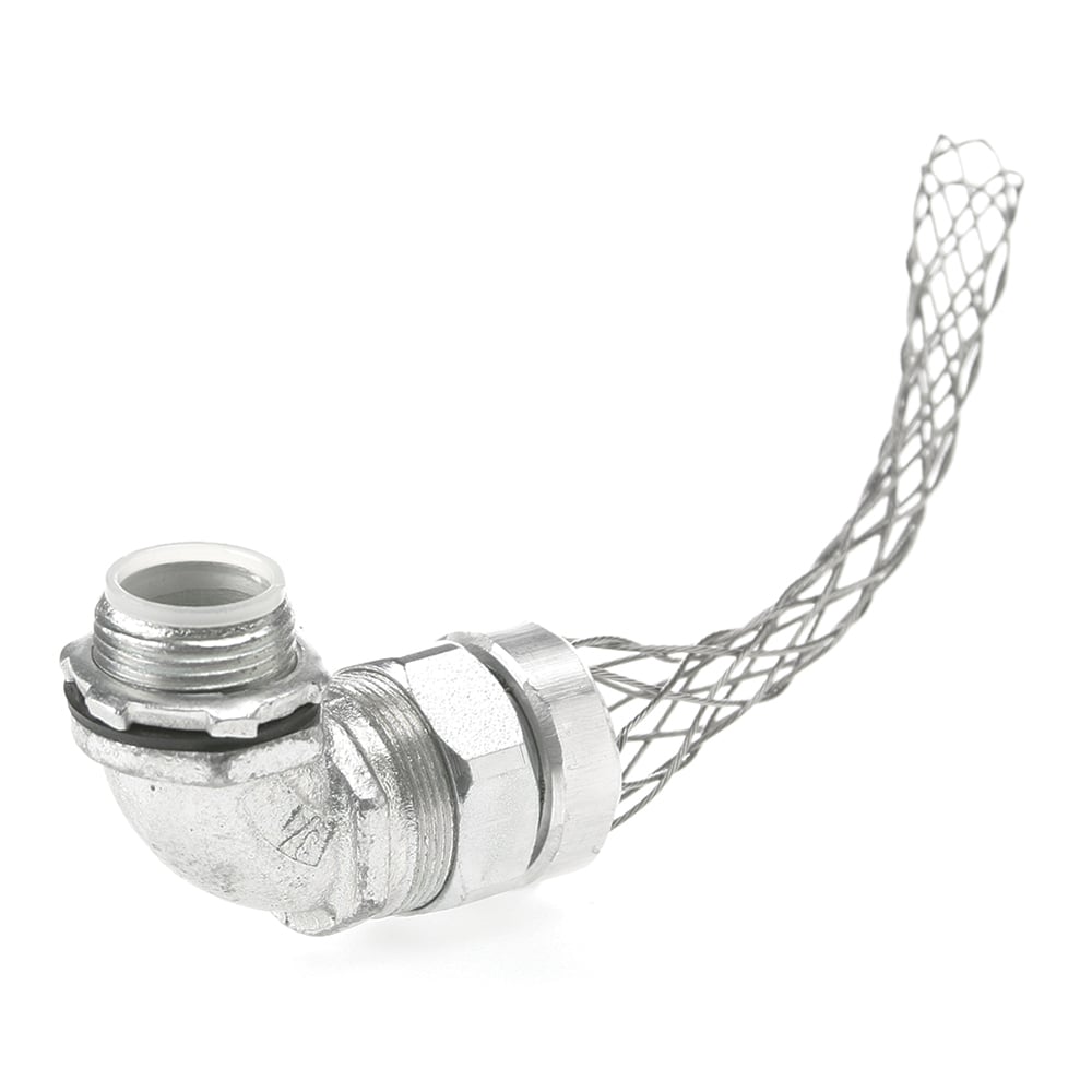 90 deg male Liquid tight for metallic flexible conduit. 1 1/2" NPT, 5.75" Mesh Length.
