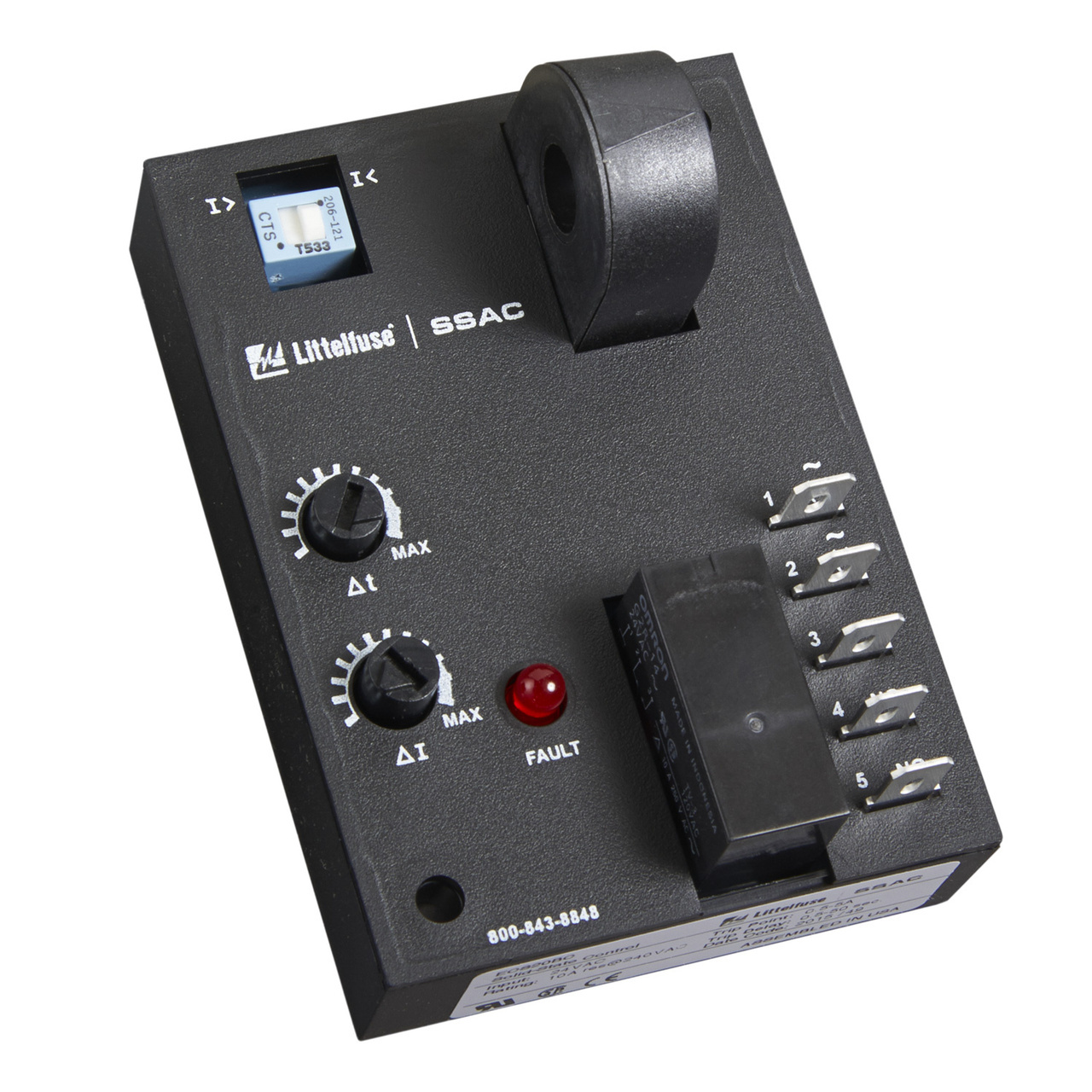 The ECS Series of single-phase AC current sensors is a universal, overcurrent or undercurrent sensing control. Its built-in toroidal sensor eliminates the inconvenience of installing a stand-alone current transformer. Includes onboard adjustments for current sensing mode, trip point, and trip delay. Detects over or undercurrent events like locked rotor, loss of load, an open heater or lamp load, or proves an operation is taking place or has ended. Operation: Input voltage must be supplied at all times for proper operation. When a fault is sensed throughout the trip delay, the output relay is energized. When the current returns to the normal run condition or zero, the output and the delay are reset. If a fault is sensed and then corrected before the trip delay is completed, the relay will not energize and the trip delay is reset to zero.