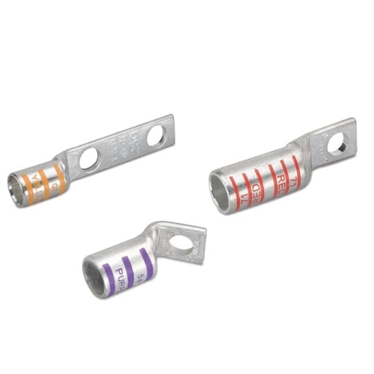 Copper One-Hole Lug, Standard Barrel - Narrow Tongue Lug, Peep Hole, Max 35kV, Wire Size 750 kcmil, 1/2 Inch Bolt Size, Tin Plated, Die Code 106, Die Color Code Black