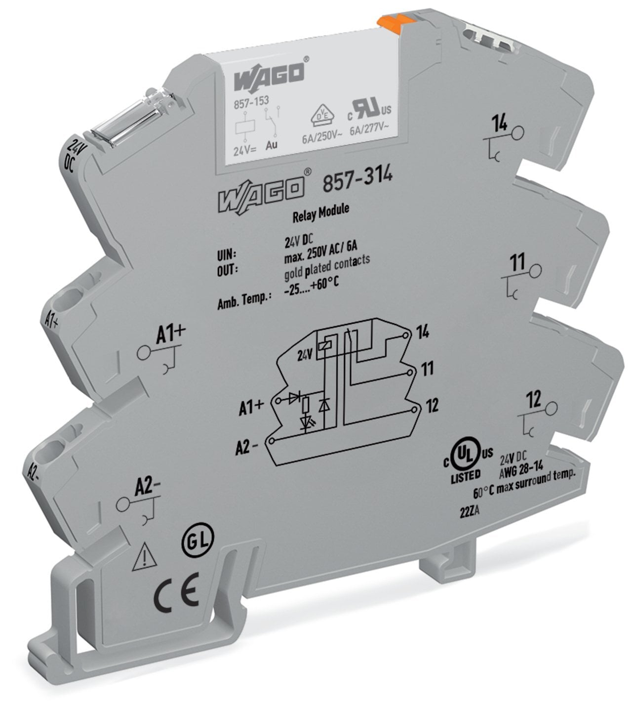 Relay module; Nominal input voltage: 24 VDC; 1 changeover contact; Limiting continuous current: 6 A; with gold contacts; Yellow status indicator; Module width: 6 mm; 2,50 mm; gray
