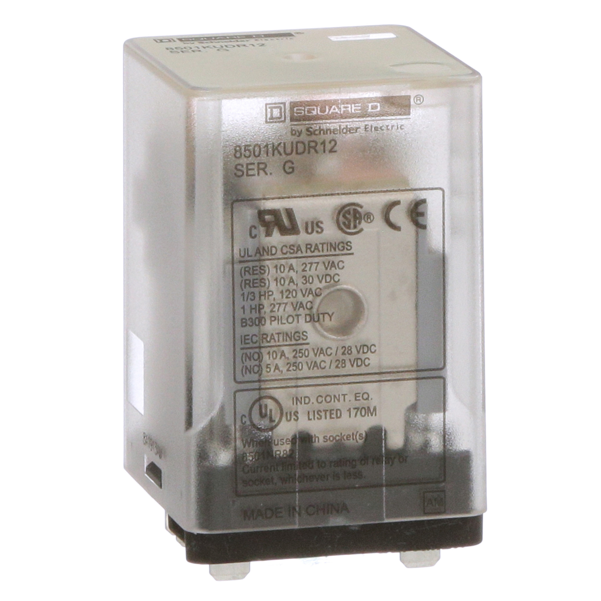 Plug in relay, Type KU, blade, 0.5 HP at 240 VAC, 10A resistive at 120 VAC, 8 blade, DPDT, 2 NO, 2 NC, 110 VDC coil