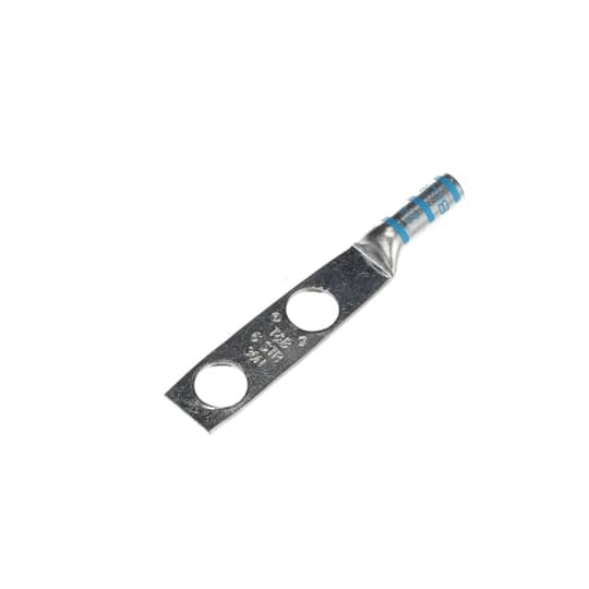 Copper Two-Hole Lug, Long Barrel, Blind End, Max 35kV, Wire Size #6 AWG, 3/8 Inch Bolt Size, 1 Inch Hole Spacing, Tin Plated, Die Color Code Blue, Die Code 24