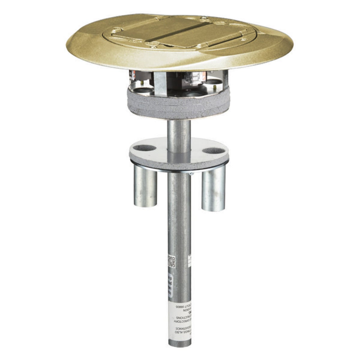 In-Floor Delivery Systems, SystemOne, Fire-Rated Poke-Through, 1 Piece Unit, (4) 20A, 125V Receptacles, (4) Hubbell Keystone Openings, Cover with Brass Finish