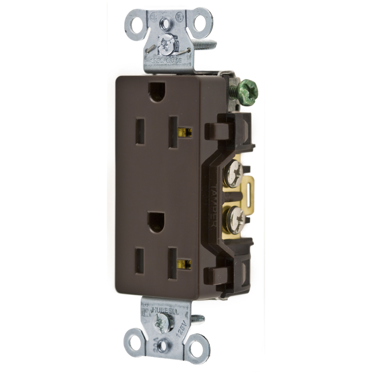 Straight Blade Devices, Receptacles, Duplex, Decorator/Commercial/Industrial Grade, 2-Pole 3-Wire Grounding, 20A 125V, 5-20R, Brown, Single Pack.