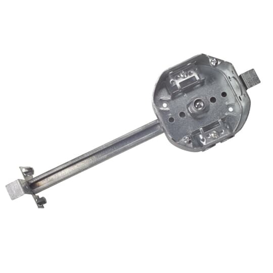 Octagon Box, 15.8 Cubic Inches, 4 Inch Diameter x 1-1/2 Inches Deep, 1/2 Inch Knockouts, Pre-Galvanized Steel, Drawn Construction, with Armored Cable Clamps (C-3) and Adjustable Bar Hanger 10-1/2 Inch to 18-1/2 Inch, For use with Armored/Metal Clad Cable