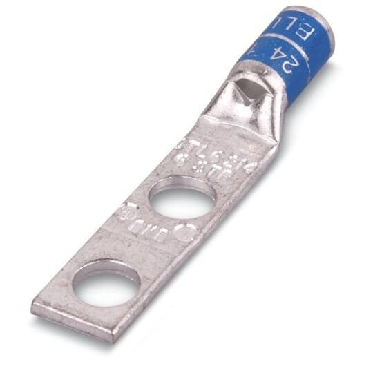 Type CTL Copper Two-Hole Lug, Short Barrel, Max 35kV, Wire Size 750 kcmil, 1/2 Inch Bolt Size, Tin Plated, Die Color Code Black