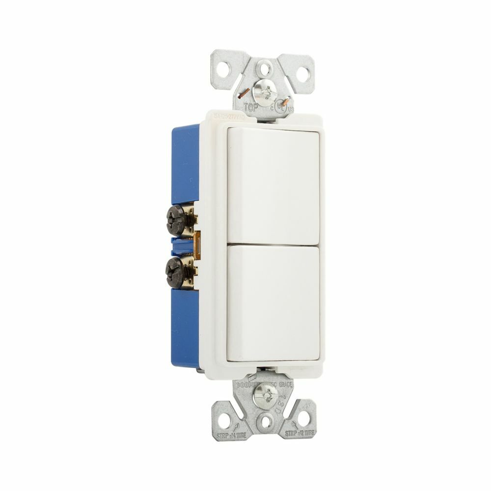 Eaton commercial grade combination switch, auto-grnd, Decorator, #14 - #12 AWG, 15A, resi, comm, 120/277V, bk and sd wiring, Rocker, Maint closure, Screw, Brass, wht, -20-60?C, (1) 1-pole, (1) 3-way, dplx, thermoplas, polycrb, PVC
