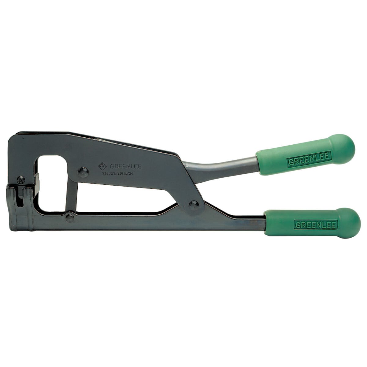 Manual Stud Punch. Actual hole size 1-1/4" (31.7mm).  Punch up through 20 gauge (0.9 mm) steel studs in one stroke.  Unique patented punch rolls the edge over for smooth installation of armored cable, cable won't hang up.  Contoured handle design gives better operator leverage and makes it possible to punch in tight places.  Automatically centers holes on standard studs.