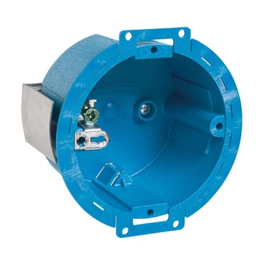 Round Old/New Work Wall Box, Volume 14.5 Cubic Inches, Diameter 3-1/2 Inches, Color Blue, Material Polycarbonate, Mounting Means Base, Ears, and Snap-In Bracket
