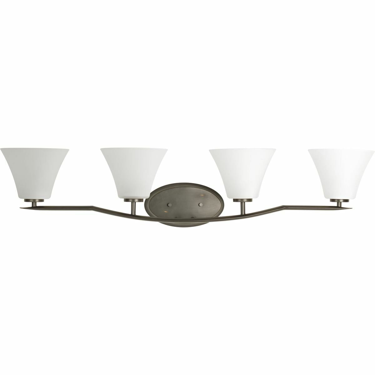 Four-light bath finished in Antique Bronze with etched glass shades scaled across a slightly arching, pointed arm. Generously balanced glass shades add distinction and provide pleasing illumination to your room. Coordinating fixtures from this collection let you decorate an entire home with confidence and style.
