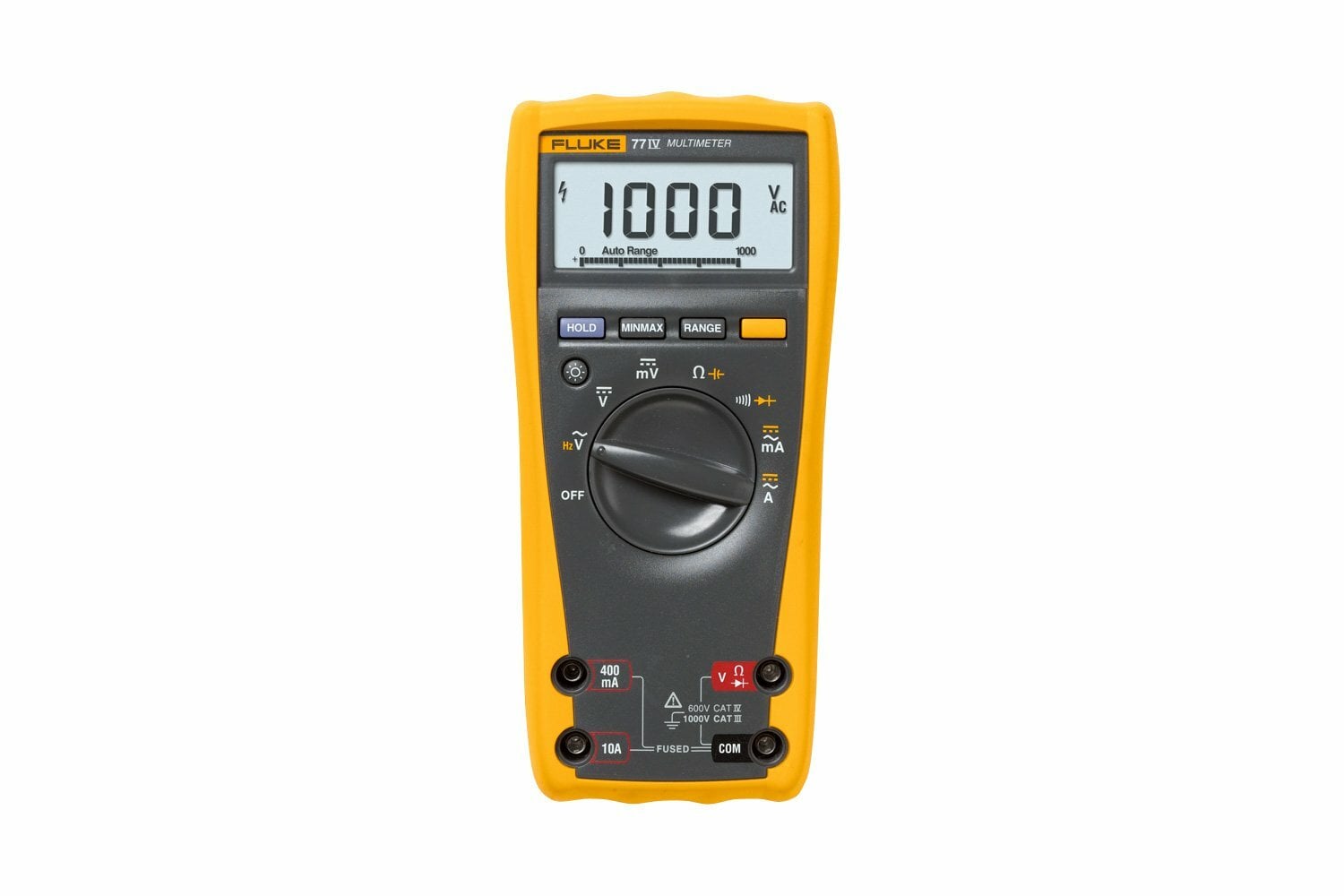 The Fluke 77-IV digital multimeter has the features needed to repair most electrical and electronic problems. This meter is simple to use and has significant improvements over Fluke's original 70 Series with more measurement functions, conformance to the latest safety standards, and a much larger display that's easier to view.