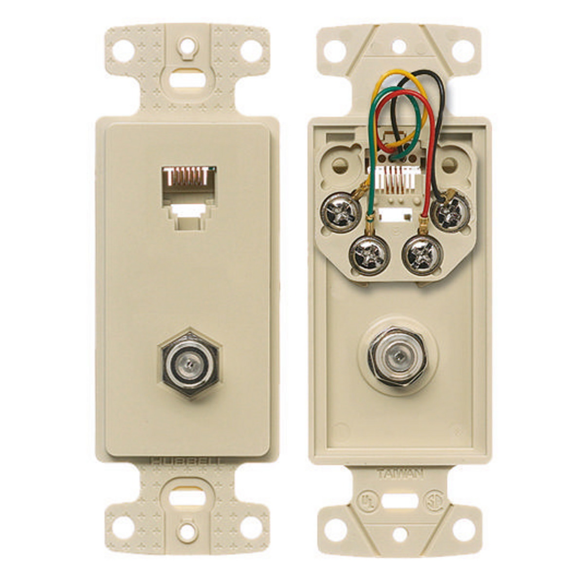 Plates, 1-Gang Frame, With F Connector, 6-Position 6-Conductor, Screw Terminal, Electric Ivory