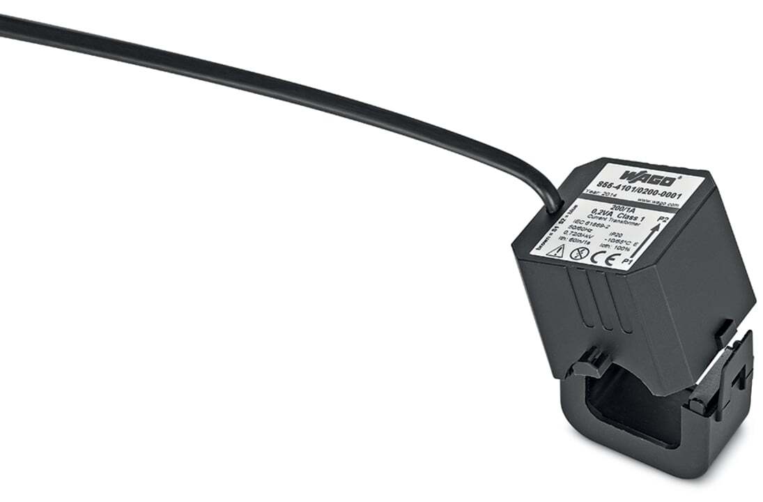 Split-core current transformer; Primary rated current: 200 A; Secondary rated current: 1 A; Rated power: 0.2 VA; Accuracy class: 1; Cable length: 3 m