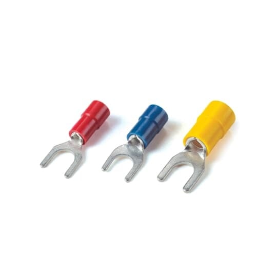 Vinyl Insulated Fork Terminal, Length .899 Inches, Width .310 Inches, Maximum Insulation .170, Bolt Size #10, Wire Range #16-#14 AWG, Color Blue, Copper, Tin Plated