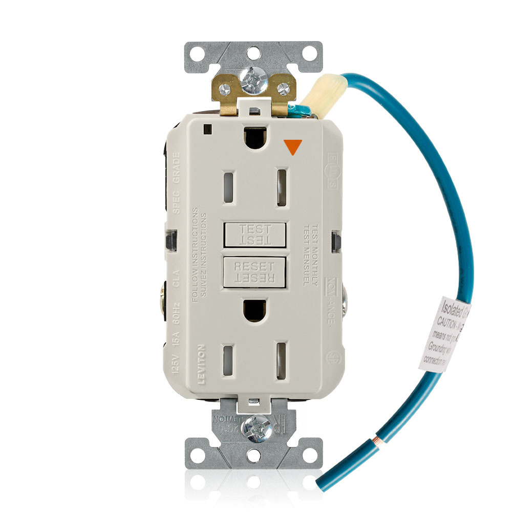 Self-Test, Isolated Ground, Tamper Resistant, Fed-Spec Slim GFCI Receptacle. NEMA 5-15R 15A-125V @ Receptacle, 15A-125V Feed-through, Lighted, Light Almond, W/Light Almond Test And Reset Button, With Mounting Screws, Washers, Instruction Sheets,