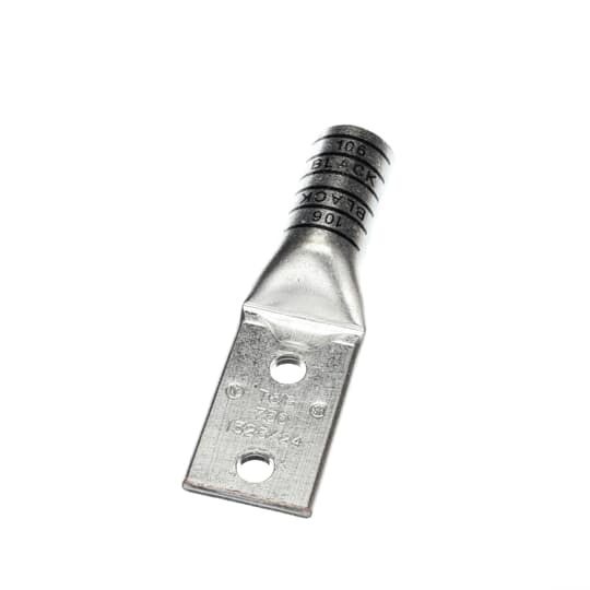 Copper Two-Hole Lug, Long Barrel, Blind End, Max 35kV, Wire Size 750 kcmil, 1/2 Inch Bolt Size, 1-3/4 Inch Hole Spacing, Tin Plated, Die Code 106, Die Color Code Black