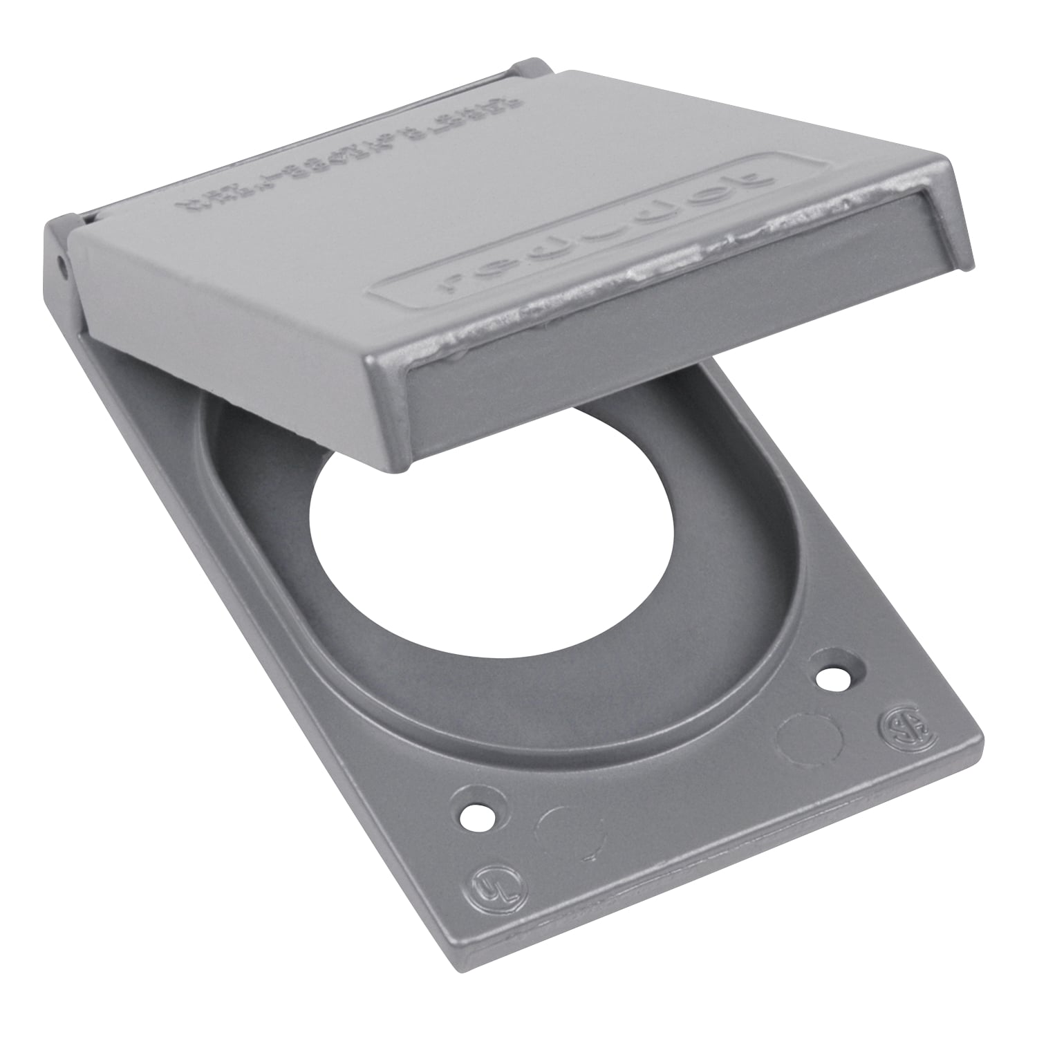 1 Gang Device Box Cover, Die Cast Aluminum, Single Receptacle Vertical, Box Mount, Nominal Size 2-1/8 Inch, Maximum Device Face Diameter 2.145 Inch, Gasket and Screws Included with Cover