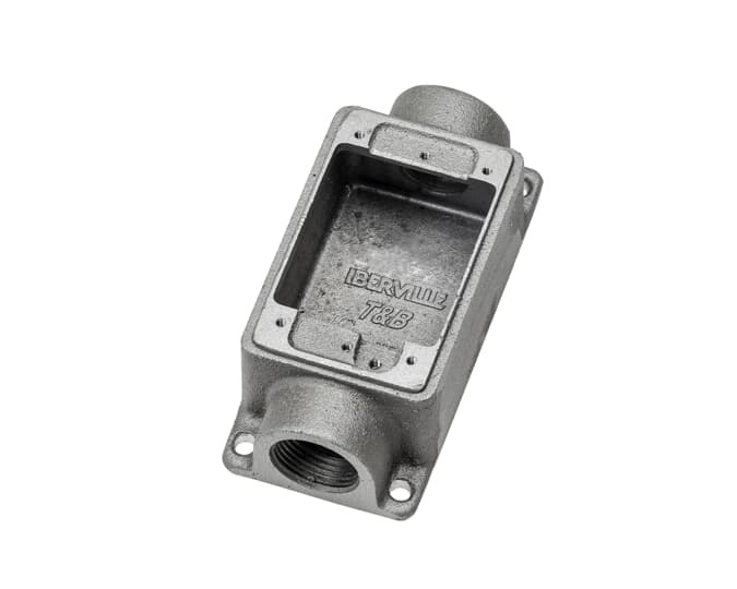Single Gang FSC Box, Cubic Inches 14.0, Length 4-5/16 Inches, Width 2-13/16 Inches, Depth 1-7/8 Inches, Hub Size 3/4 Inch, Aluminum, 4 Lugs, 2 Hubs