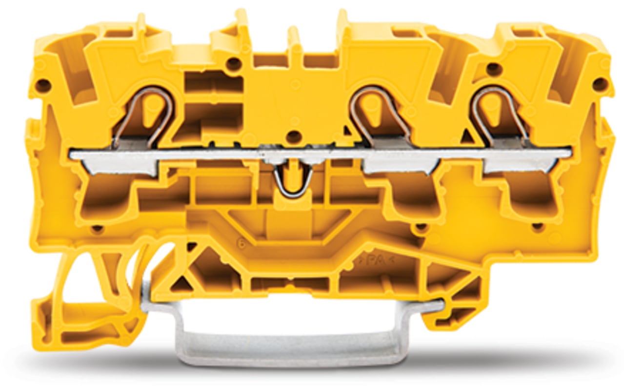 3-conductor through terminal block; 4 mm; suitable for Ex e II applications; side and center marking; for DIN-rail 35 x 15 and 35 x 7.5; Push-in CAGE CLAMP; 4,00 mm; yellow