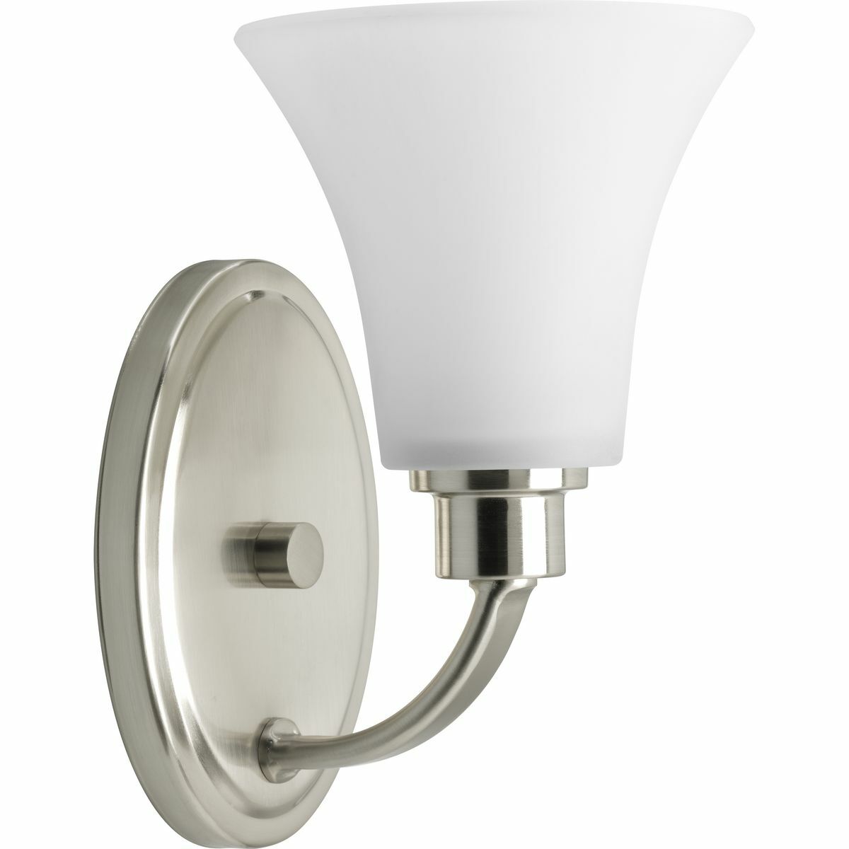 Gleeful simplicity defines the Joy Collection. Refreshing and fashionable, arcing forms of metal and fluted glass shades are enhanced by a classic Brushed Nickel finish. One white etched glass complete the look and allows you to coordinate well with other fixtures from this collection. Bring joy into your heart and into your home with this wonderful one-light bath fixture.