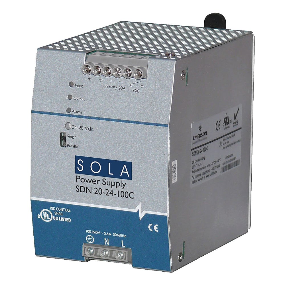 SDN-C Series Compact DIN Rail Power Supply, Nominal Output Current: 20 A (480 W), Nominal Voltage Input: 115/230 Vac, Nominal Voltage Output: 24 V, Frequency 43-67 Hz, Single Phase