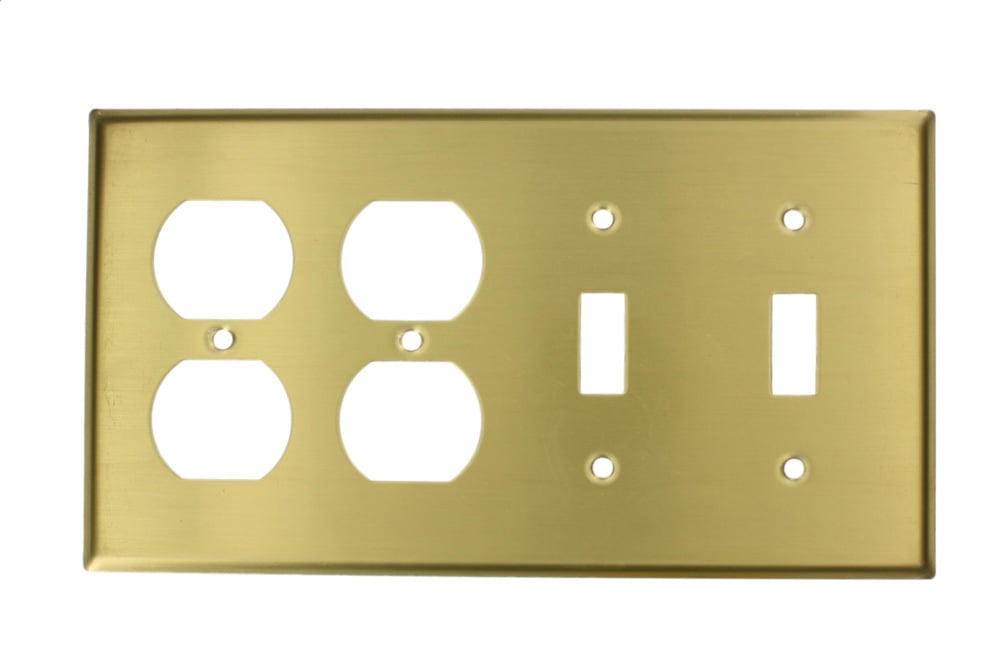 4-Gang Wallplate, 2- Toggle Switch and 2-Duplex Receptacles, Brass