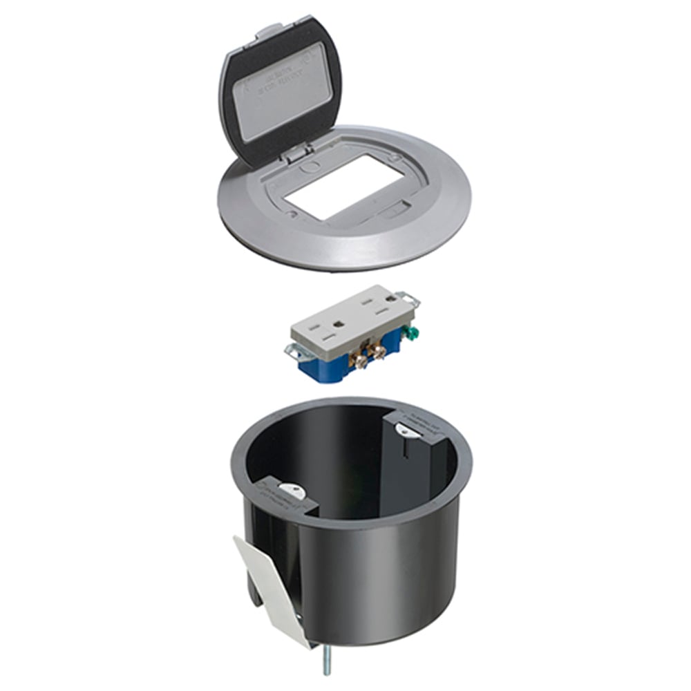 One piece non metallic box with steel bracket and plastic cover. Color Gray. Comes with decorator style receptacle and a single flip lid.
