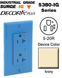 20 Amp, 125 Volt, Decora Plus Duplex Surge Suppressor Receptacle, Straight Blade, Industrial Grade, Isolated Ground, Surge with Indicator Light, Ivory