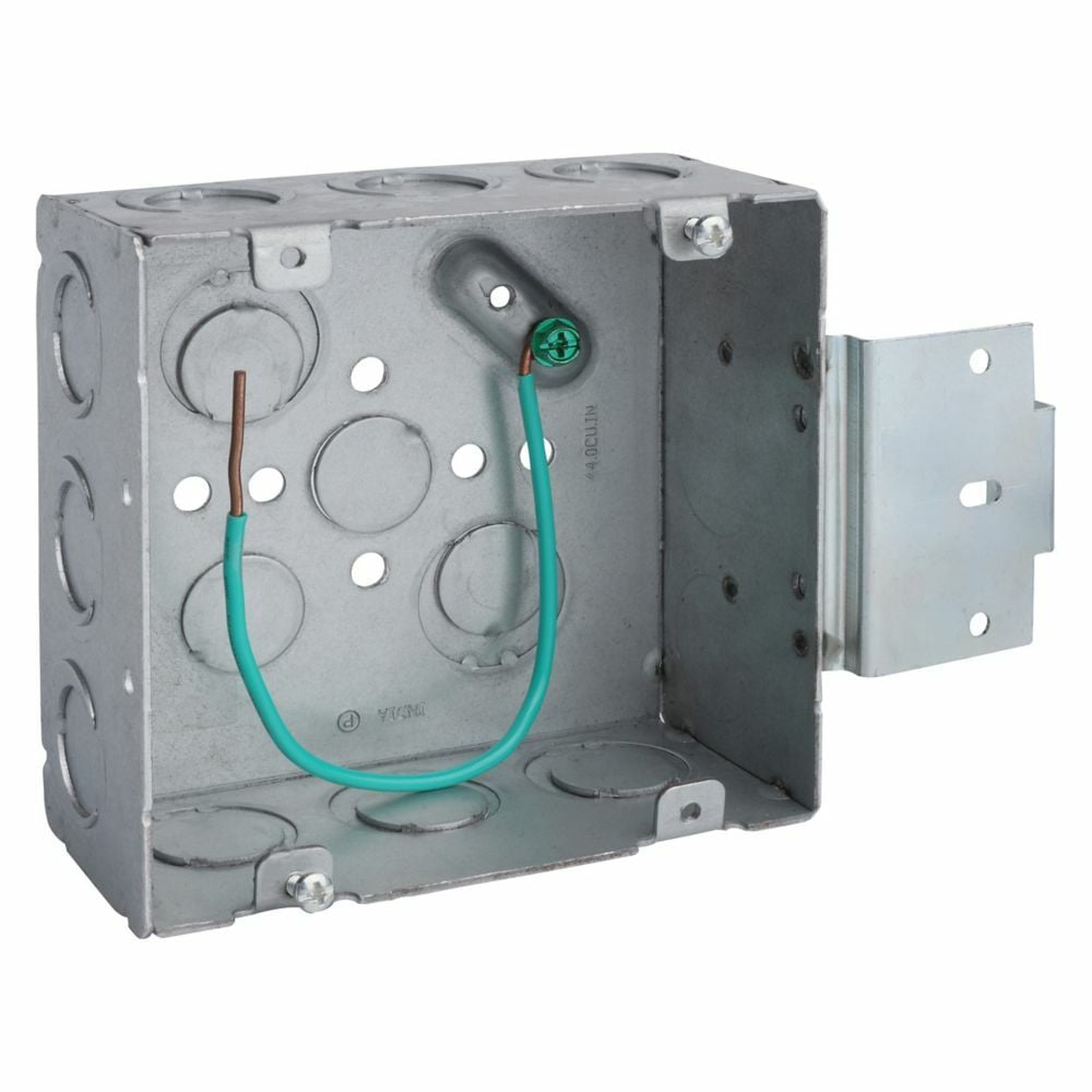 Eaton Crouse-Hinds series 4-11/16" square outlet box, (2) 1/2",  (2) 1/2"+ 3/4" E bottom KOs, Solid wire, MSB bracket, Single bracket, Welded, 2-1/8" depth, Steel, (9) 1/2" + 3/4" E side KOs, Includes pigtail, 66.0 cu in